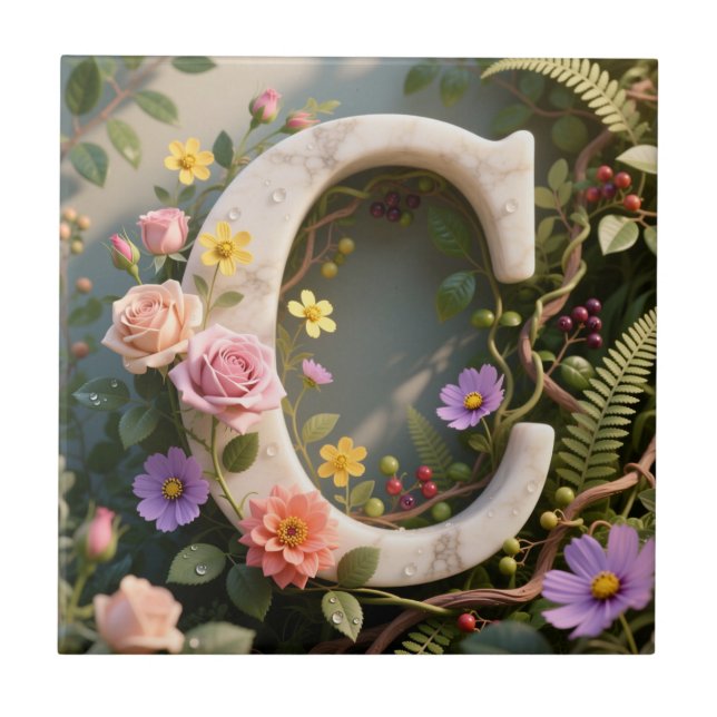 White Floral Garden Monogram Letter C Ceramic Tile (Front)