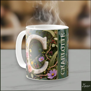 White Floral Garden Monogram Letter C Coffee Mug