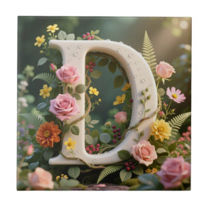 White Floral Garden Monogram Letter D Ceramic Tile