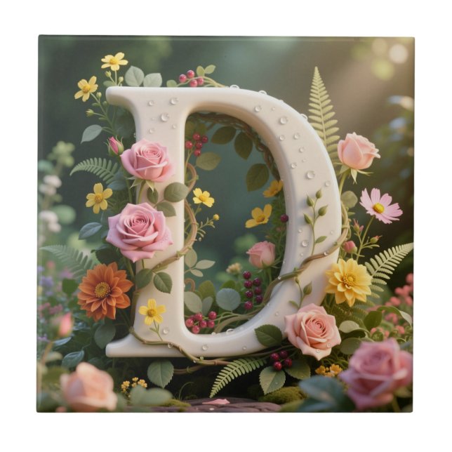 White Floral Garden Monogram Letter D Ceramic Tile (Front)