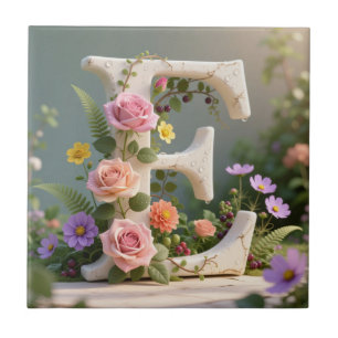 White Floral Garden Monogram Letter E Ceramic Tile