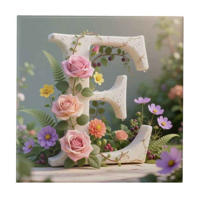 White Floral Garden Monogram Letter E Ceramic Tile (Front)