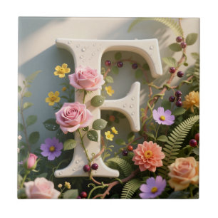 White Floral Garden Monogram Letter F Ceramic Tile