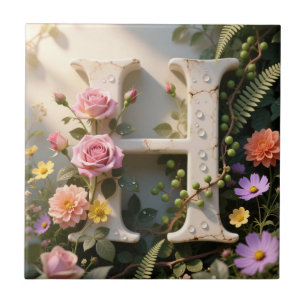 White Floral Garden Monogram Letter H Ceramic Tile