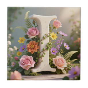 White Floral Garden Monogram Letter I Ceramic Tile