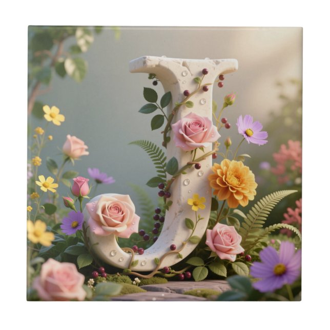 White Floral Garden Monogram Letter J Ceramic Tile (Front)