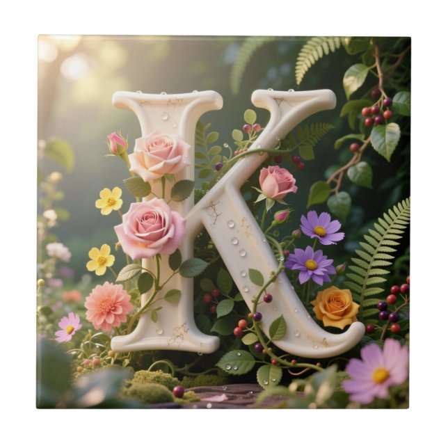 White Floral Garden Monogram Letter K Ceramic Tile (Front)