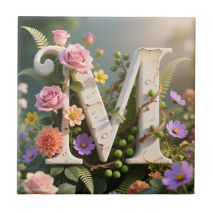 White Floral Garden Monogram Letter M Ceramic Tile