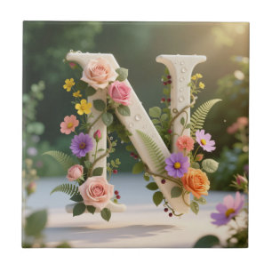 White Floral Garden Monogram Letter N Ceramic Tile