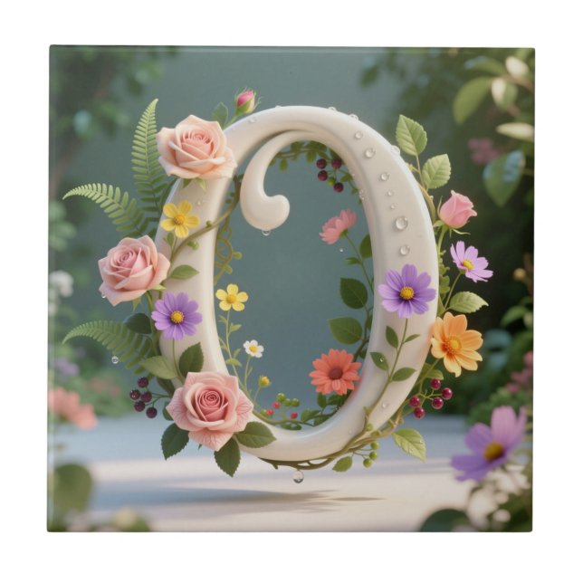 White Floral Garden Monogram Letter O Ceramic Tile (Front)
