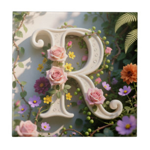 White Floral Garden Monogram Letter R Ceramic Tile