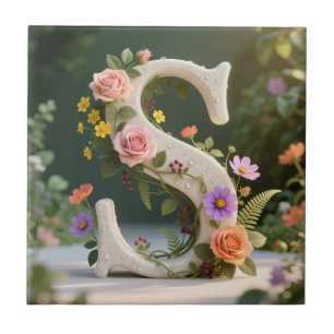 White Floral Garden Monogram Letter S Ceramic Tile