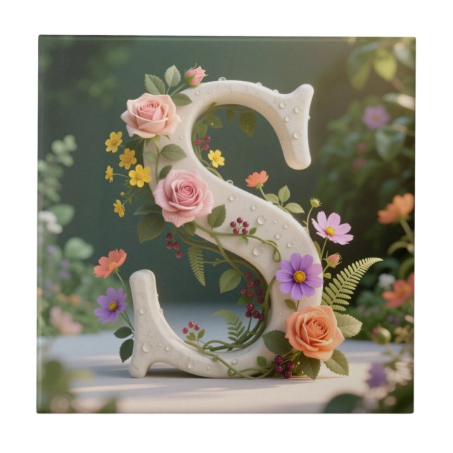 White Floral Garden Monogram Letter S Ceramic Tile (Front)