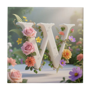 White Floral Garden Monogram Letter W Ceramic Tile