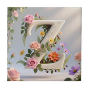 White Floral Garden Monogram Letter Z Ceramic Tile