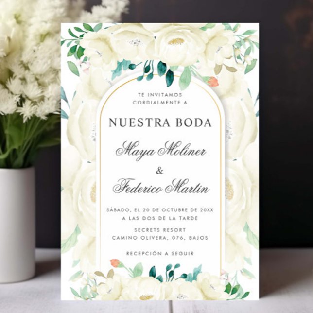White Floral Garden Nuestra Boda Spanish Wedding Invitation (Creator Uploaded)