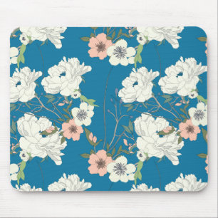 White Floral Garden Pattern Mouse Pad