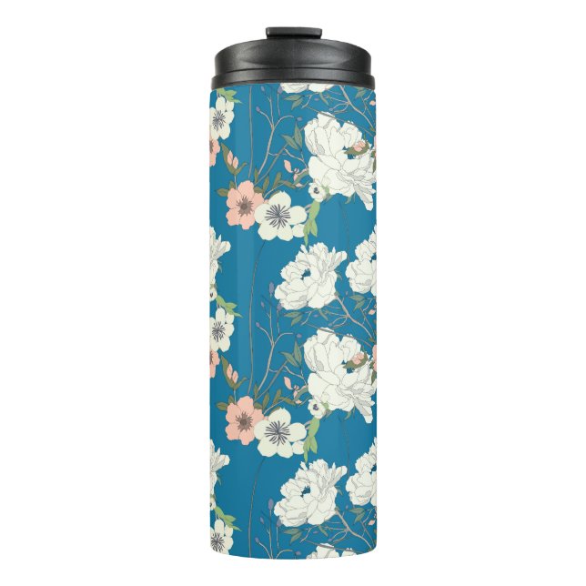White Floral Garden Pattern Thermal Tumbler (Front)