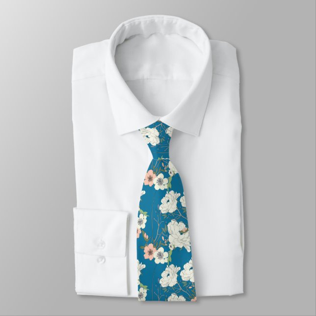 White Floral Garden Pattern Tie (Tied)