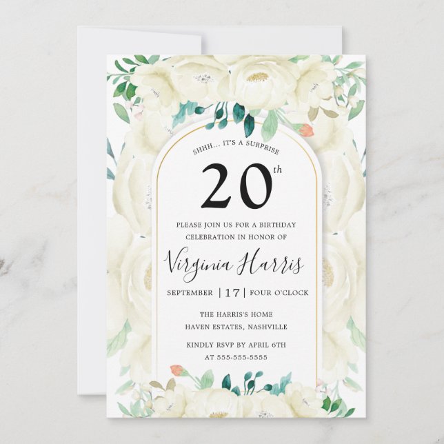 White Floral Garden Twenty 20th Birthday Invitation (Front)