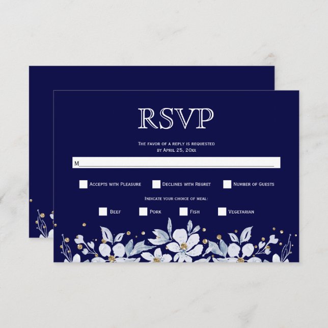 White floral garland and jewels navy blue wedding  RSVP card (Front/Back)