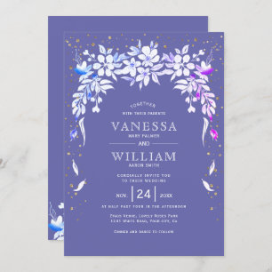 White floral garland periwinkle blue wedding invitation