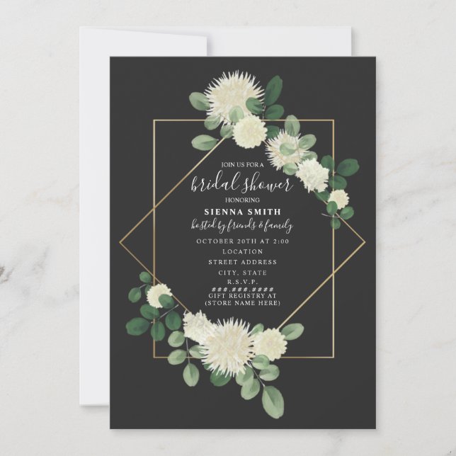 White Floral Geometric Grey Bridal Shower Invitation (Front)