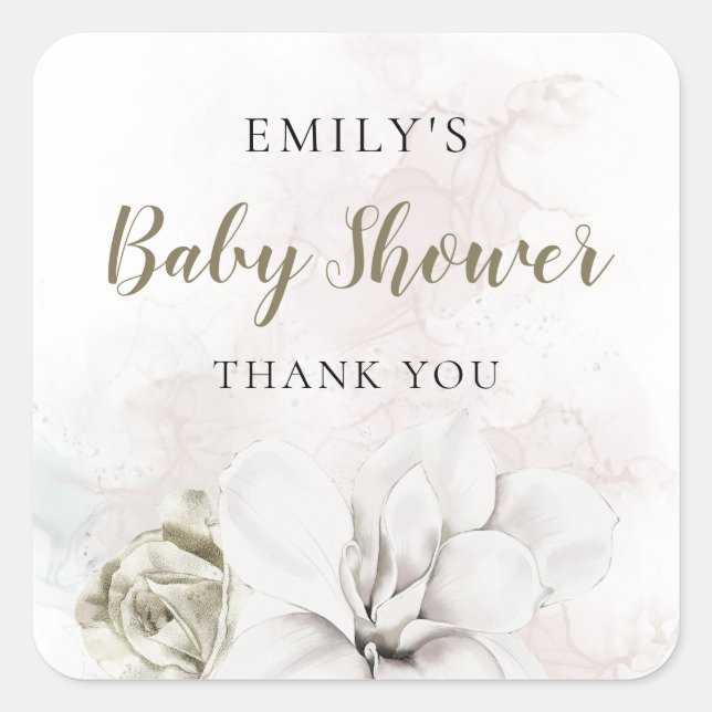 White Floral Girl or Boy Baby Shower Thank You Square Sticker (Front)