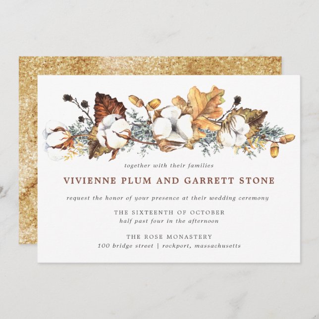 White Floral Gold Autumn Leaves Wedding Invitation (Front/Back)