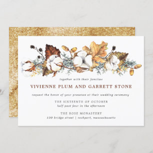 White Floral Gold Autumn Leaves Wedding Invitation