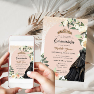 White Floral Gold Black Dress Quinceanera Birthday Invitation