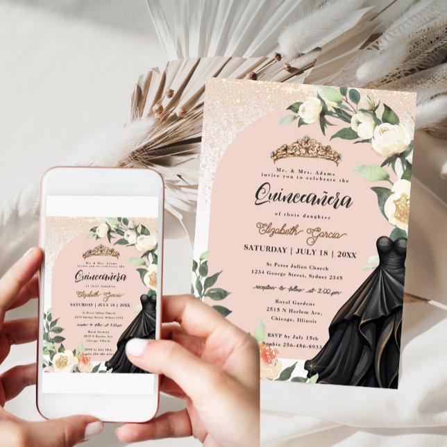 White Floral Gold Black Dress Quinceanera Birthday Invitation (Creator Uploaded)