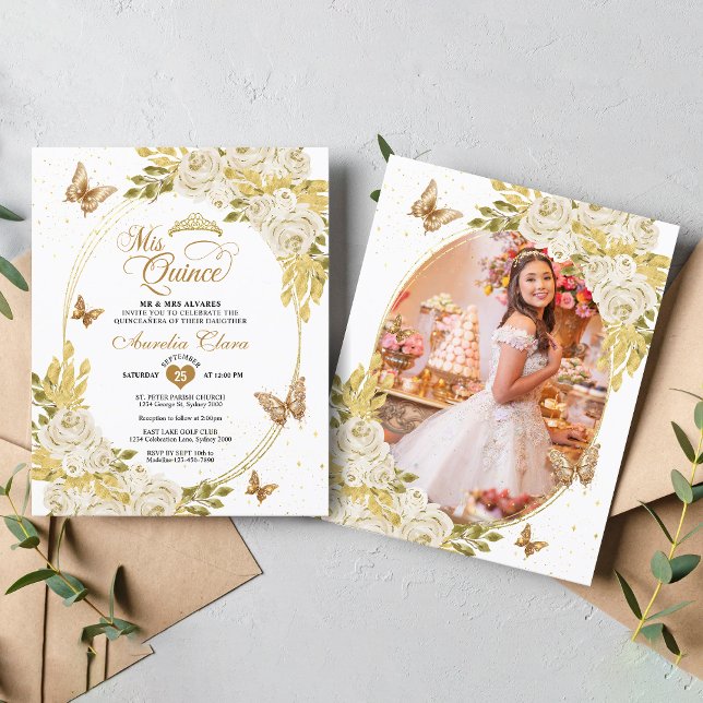 White Floral Gold Butterfly Photo Quinceañera (Creator Uploaded)