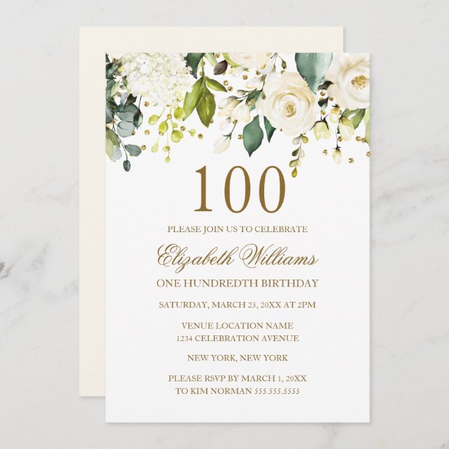 White Floral Gold Confetti 100th Birthday Invitation (Front/Back)