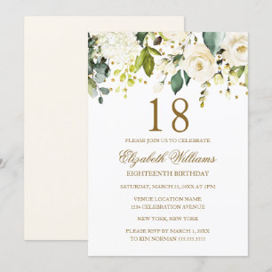 White Floral Gold Confetti 18th Birthday Invitation