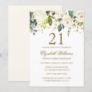 White Floral Gold Confetti 21st Birthday Invitation