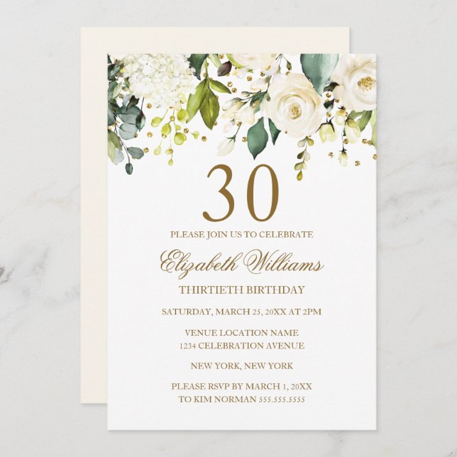 White Floral Gold Confetti 30th Birthday Invitation (Front/Back)