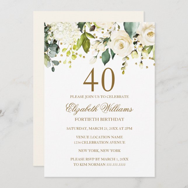 White Floral Gold Confetti 40th Birthday Invitation (Front/Back)