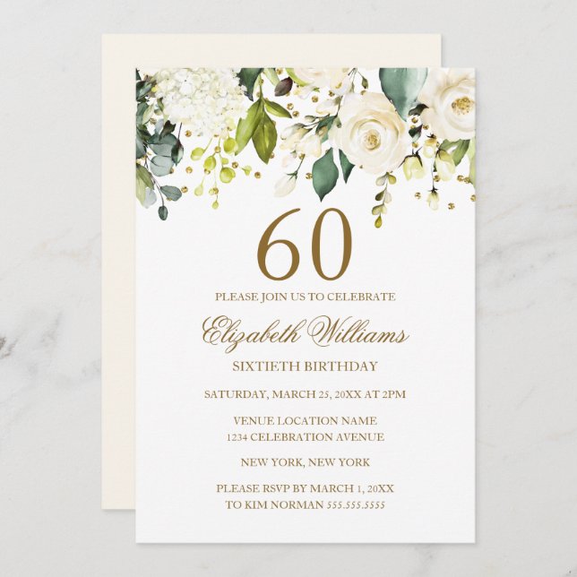White Floral Gold Confetti 60th Birthday Invitation (Front/Back)