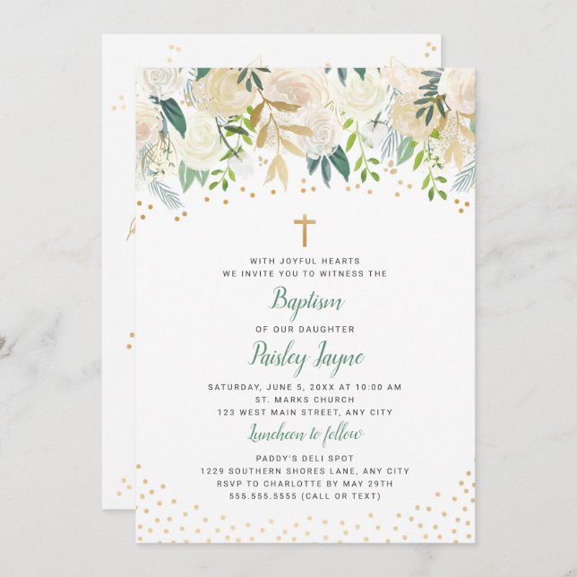 White Floral Gold Confetti Baptism invitation (Front/Back)
