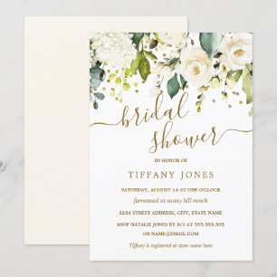 White Floral Gold Confetti Bridal Shower Invitation