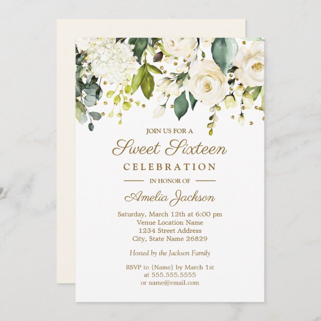 White Floral Gold Confetti Sweet Sixteen Invitation (Front/Back)