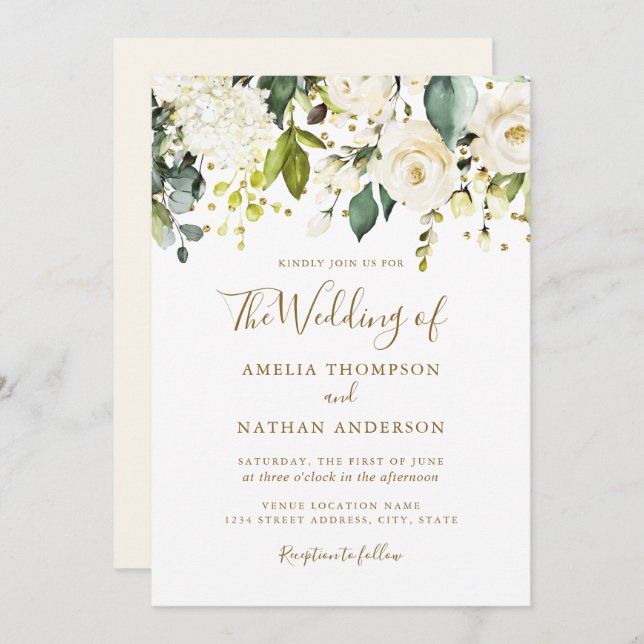 White Floral Gold Confetti Wedding Invitation (Front/Back)