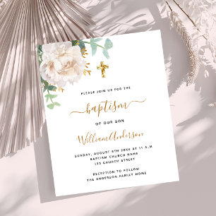 White floral gold cross budget baptism invitation