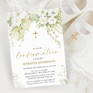 White Floral & Gold Cross Elegant Confirmation Invitation