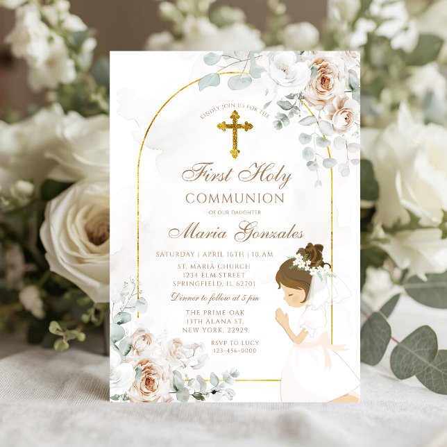 White Floral Gold Cross Girl First Holy Communion Invitation (Creator Uploaded)