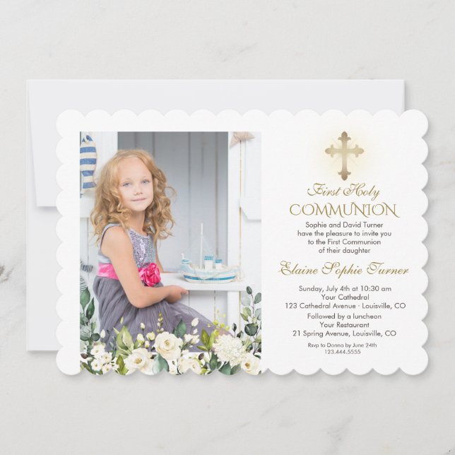 White Floral Gold Cross Photo Holy Communion Invitation (Front)