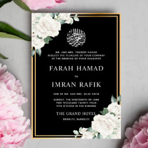 White Floral Gold Frame Black Muslim Wedding Invitation