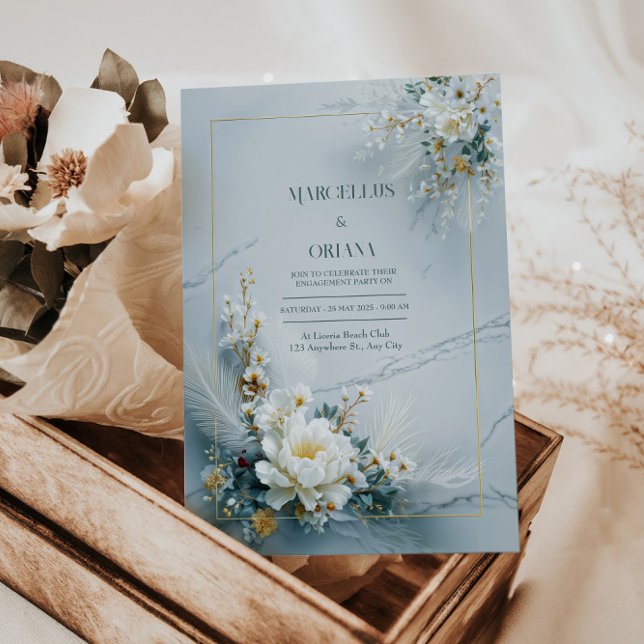 White Floral Gold Frame Marble Texture Wedding Invitation (Creator Uploaded)