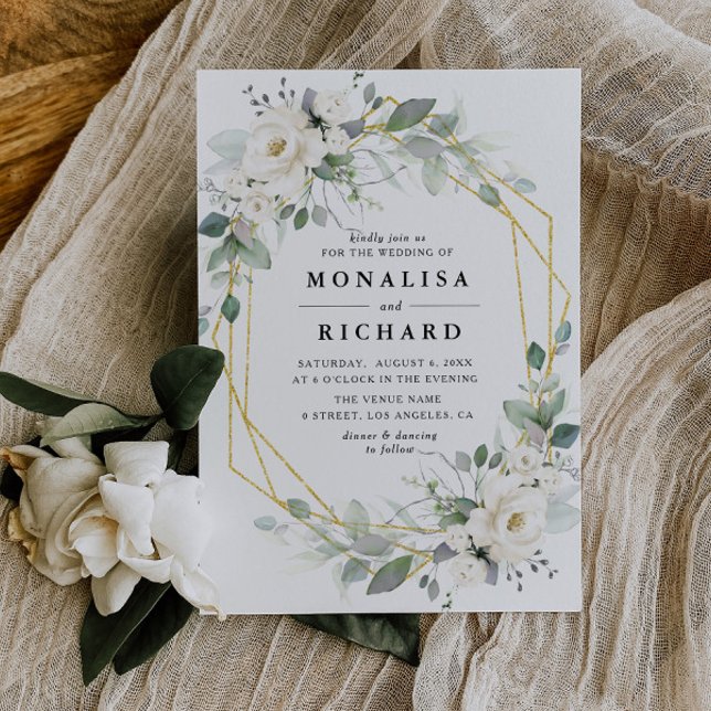 White floral gold frame wedding invitation (Creator Uploaded)
